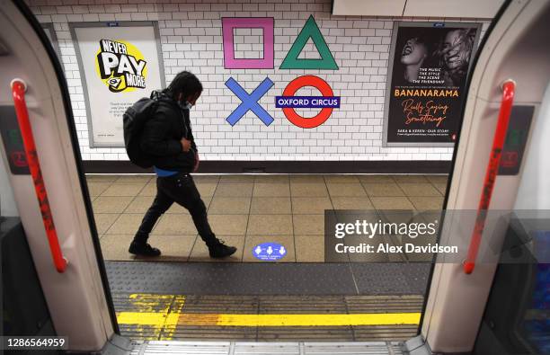 The Sony Playstation Action Buttons are seen displayed around Oxford Circus Station as the PS5 goes on sale in the UK, on November 19, 2020 in...