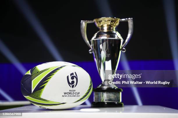 The Women's Rugby World Cup and ball on display during the Rugby World Cup 2021 Draw event at the SKYCITY Theatre on November 20, 2020 in Auckland,...