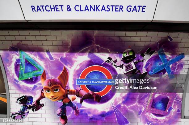 Lancaster Gate station displays signage after being rebranded 'Ratchet and Clankaster Gate' as the PS5 goes on sale in the UK, on November 19, 2020...