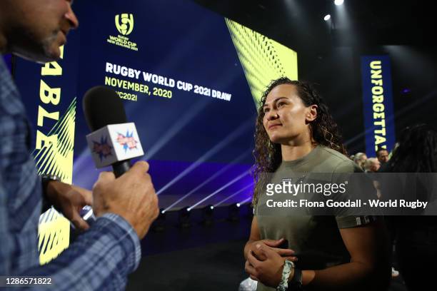 Black Fern Portia Woodman speaks to media during the Rugby World Cup 2021 Draw event at the SKYCITY Theatre on November 20, 2020 in Auckland, New...