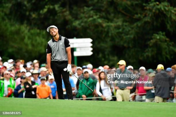 Xander Schauffele reacts to his approach shot on the No. 15 hole during the final round of the Masters at Augusta National Golf Club, Sunday, April...