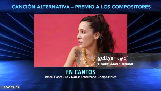 In this screengrab, iLe is announced the winner of the Best Alternative Song award for 'En Cantos' at the Premiere Ceremony during The 21st Annual...