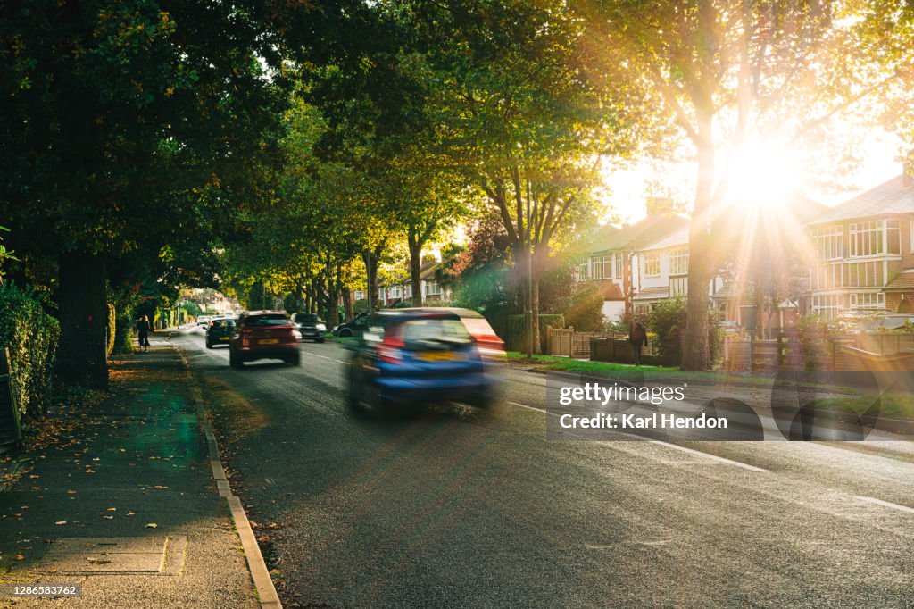 Sunset on a surburban street in Surrey, UK