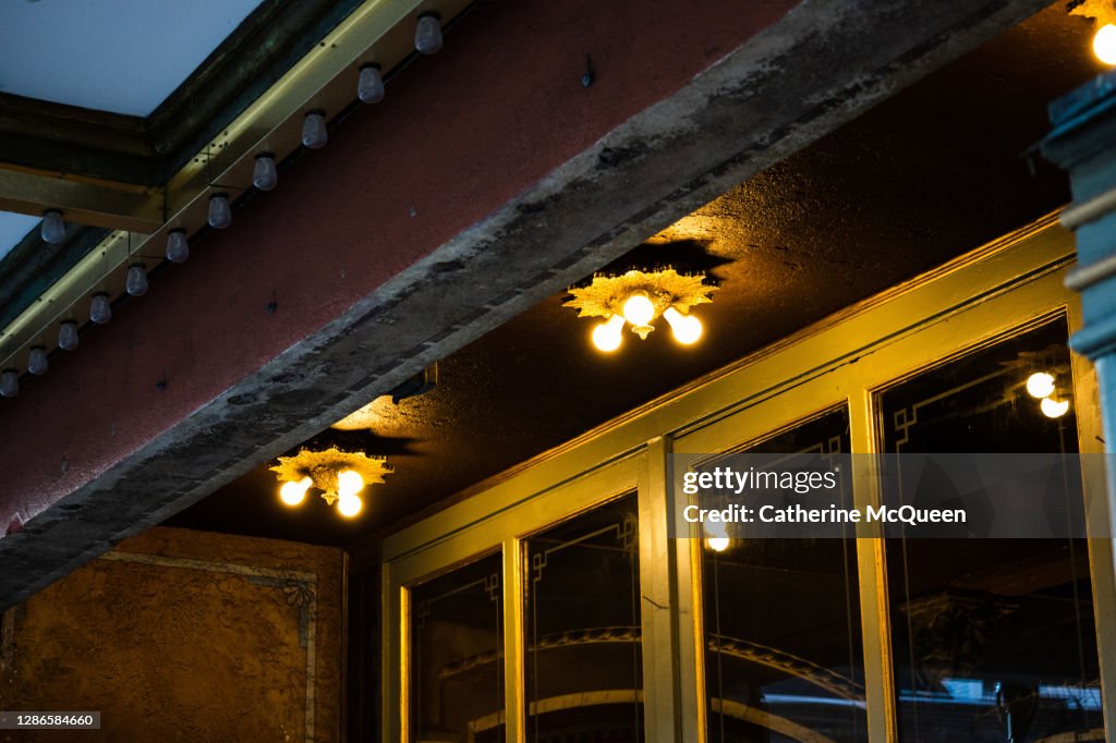 View of Lights Under Main Awning at Small Town Performing Arts Theater