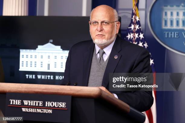 Centers for Disease Control and Prevention Commissioner Robert Redfield speaks during a White House Coronavirus Task Force press briefing in the...