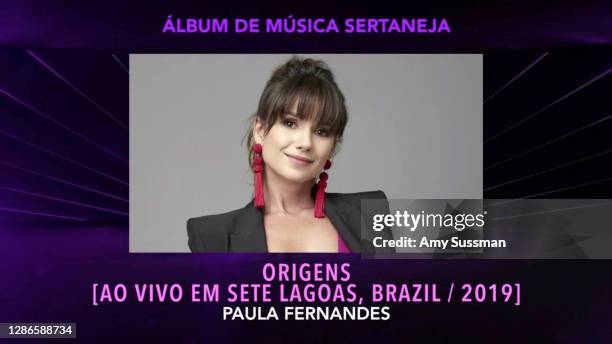 In this screengrab, Paula Fernandes is named winner of the Best Sertaneja Music Album award for 'Origens ' at the Premiere Ceremony during The 21st...
