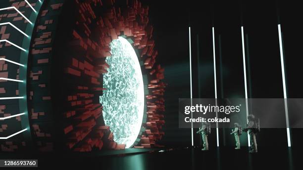 group of astronauts entering portal on space station - time travel stock pictures, royalty-free photos & images