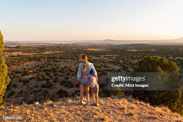 teenage girl embracing her younger brother in the galisteo basin, santa fe - santa fe stockfoto's en -beelden