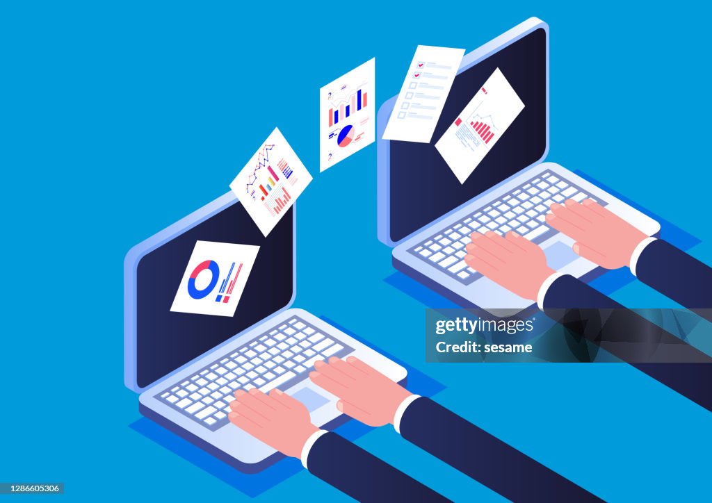 Hand Between Files Isometric File Transfer Hands Working On Two Laptops Files On The ...