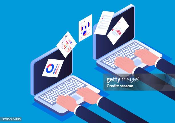 isometric file transfer, hands working on two laptops, files on the screen are transferred to each other. - filing documents stock illustrations