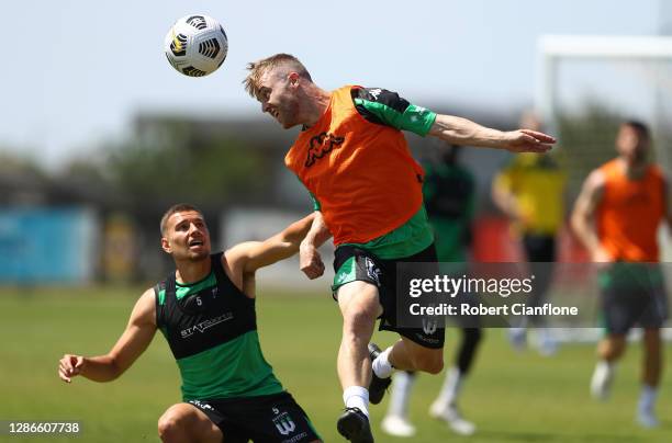 Connor Pain of Western United heads the ball during a Western United A-League training session at Western United HQ on November 20, 2020 in...