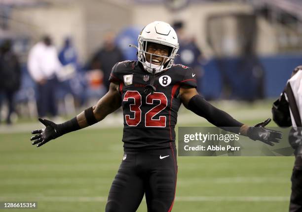 Budda Baker of the Arizona Cardinals reacts to a false against the Seattle Seahawks int he second quarter at Lumen Field on November 19, 2020 in...