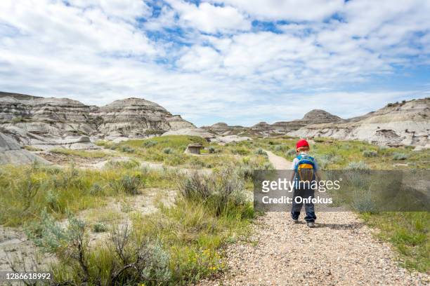 cute redhead boy hiking in badlands of dinosaur provincial park in alberta, canada - alberta badlands stock pictures, royalty-free photos & images