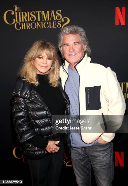 Goldie Hawn and Kurt Russell attend Netflix's "The Christmas Chronicles: Part Two" Drive-In Event at The Grove on November 19, 2020 in Los Angeles,...