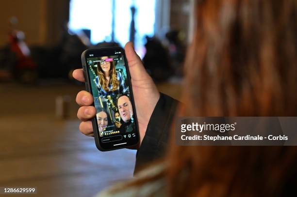Model and actress Thylane Blondeau launchs with her mother Veronika Loubry live by social media on phone christmas lights at Faubourg Saint-Honoré on...