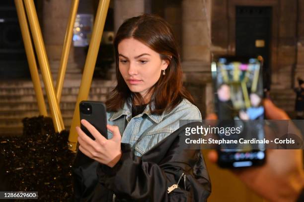 Model and actress Thylane Blondeau launchs with her mother Veronika Loubry live by social media on phone christmas lights at Faubourg Saint-Honoré on...