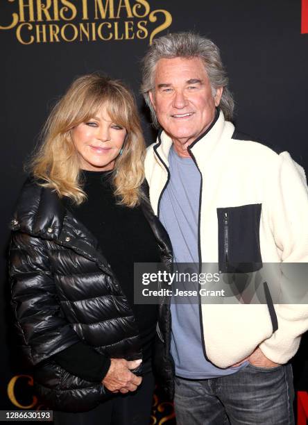 Goldie Hawn and Kurt Russell attend Netflix's "The Christmas Chronicles: Part Two" Drive-In Event at The Grove on November 19, 2020 in Los Angeles,...