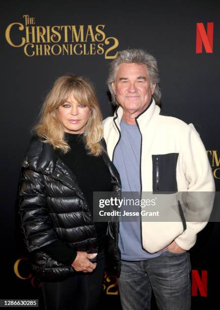 Goldie Hawn and Kurt Russell attend Netflix's "The Christmas Chronicles: Part Two" Drive-In Event at The Grove on November 19, 2020 in Los Angeles,...