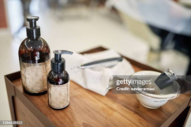 shaving supplies for beard and mustache - shaving brush stock pictures, royalty-free photos & images