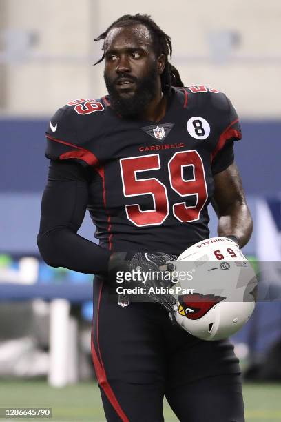 De'Vondre Campbell of the Arizona Cardinals looks on before their game against the Seattle Seahawks at Lumen Field on November 19, 2020 in Seattle,...