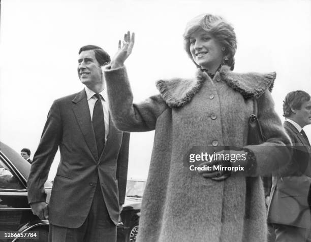 The Princess of Wales, Princess Diana, and HRH Prince Charles, The Prince of Wales, visit Newcastle Upon Tyne in 1982, Diana is wearing a raspberry...