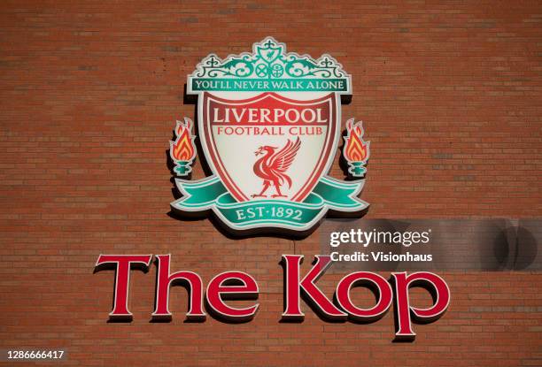 The outside of The Kop stand at the Anfield Stadium on November 19th, 2020 in Liverpool United Kingdom.