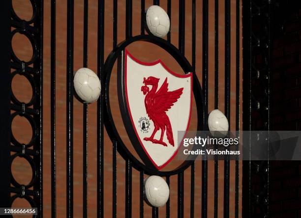 The Liver Bird on the Bob Paisley gates outside the Kop at the Anfield Stadium on November 19th, 2020 in Liverpool United Kingdom.