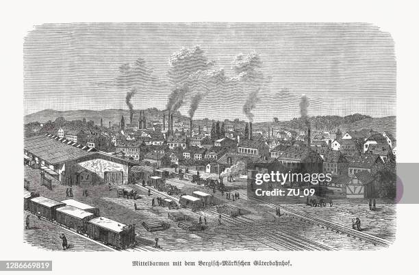 freight yard of wuppertal-barmen, north rhine-westphalia, germany, woodcut, published 1893 - wuppertal stock illustrations