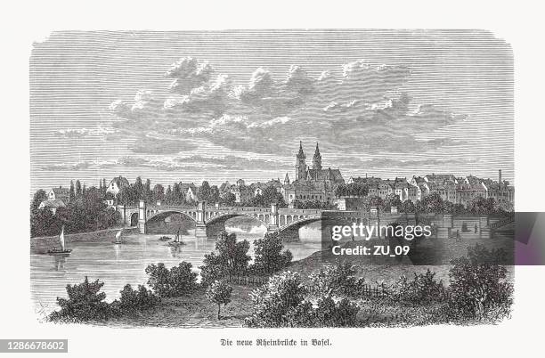 stockillustraties, clipart, cartoons en iconen met middle bridge in basel, zwitserland, houtgravure, gepubliceerd in 1893 - basel switzerland