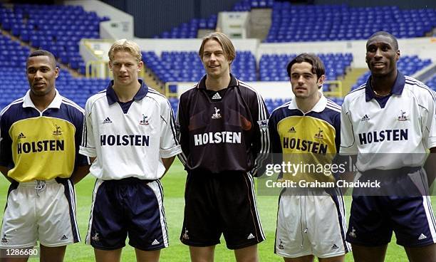 Les Ferdinand, Steffen Iversen, Ian Walker, Stephen Carr and Sol Campbell at the launch of the new Adidas Tottenham Hotspur kit at White Hart Lane in...