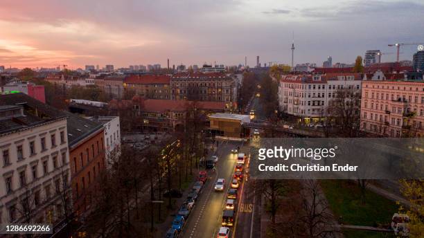 In this aerial view the subway station Schlesische Tor in the district Kreuzberg stands during a four-week semi-lockdown during the second wave of...