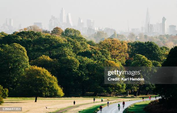 cyclists on a windy road at sunrise in a london park - london bikes stock pictures, royalty-free photos & images