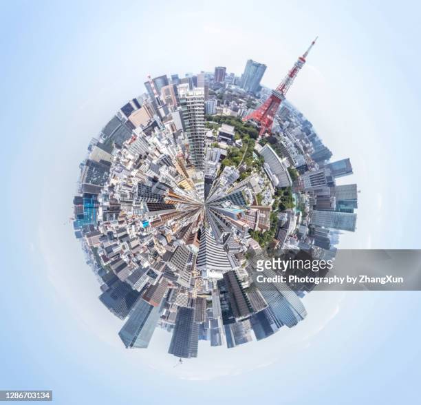 360 degree tokyo cityscape, aerial view japan at day time. - 360 degree view stockfoto's en -beelden