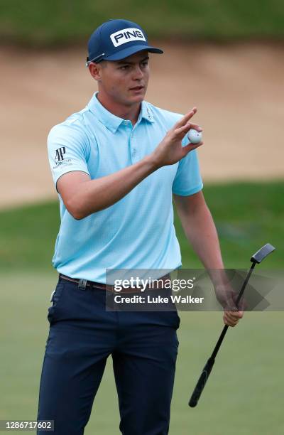 Wilco Nienaber of South Africa acknowledges the crowd on the 18th green during the second round of the Joburg Open at Randpark Golf Club on November...