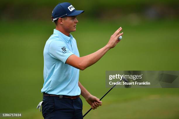 Wilco Nienaber of South Africa acknowledges the crowd on the 18th green during the second round of the Joburg Open at Randpark Golf Club on November...