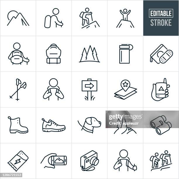 hiking thin line icons - editable stroke - binocular icon stock illustrations