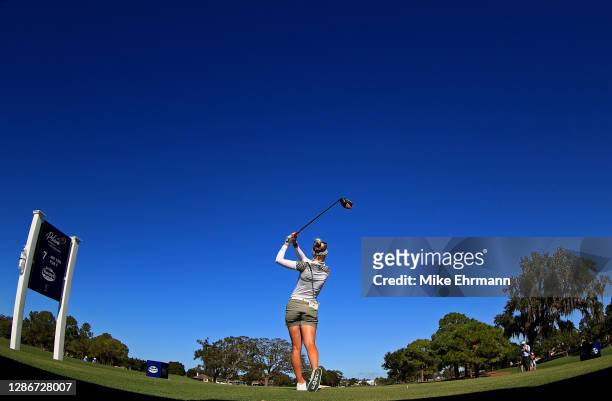 Sophia Popov of Germany hits her tee shot on the first holeduring the second round of the Pelican Women's Championship at Pelican Golf Club on...