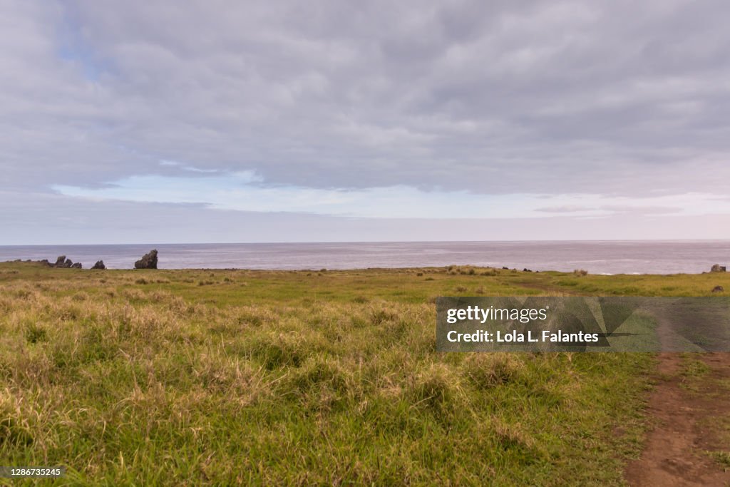 Hiking path to the volcano. Easter Island landscapes