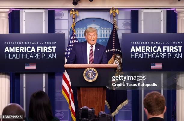 President Donald Trump speaks to the press in the James Brady Press Briefing Room at the White House on November 20, 2020 in Washington, DC. U.S....