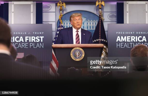 President Donald Trump speaks to the press in the James Brady Press Briefing Room at the White House on November 20, 2020 in Washington, DC. U.S....