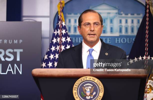 United States Secretary of Health and Human Services Alex Azar speaks to the press in the James Brady Press Briefing Room at the White House on...