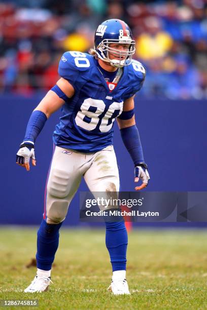 Jeremy Shockey of the New York Giants in position during a NFL football game against the Washington Redskins on November 17, 2002 at Giants Stadium...