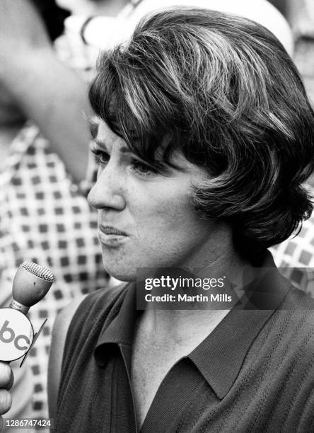 Susie Berning of the United States gives an interview with ABC Sports after winning the 1972 U.S. Women's Open Golf Championship on July 2, 1972 at...