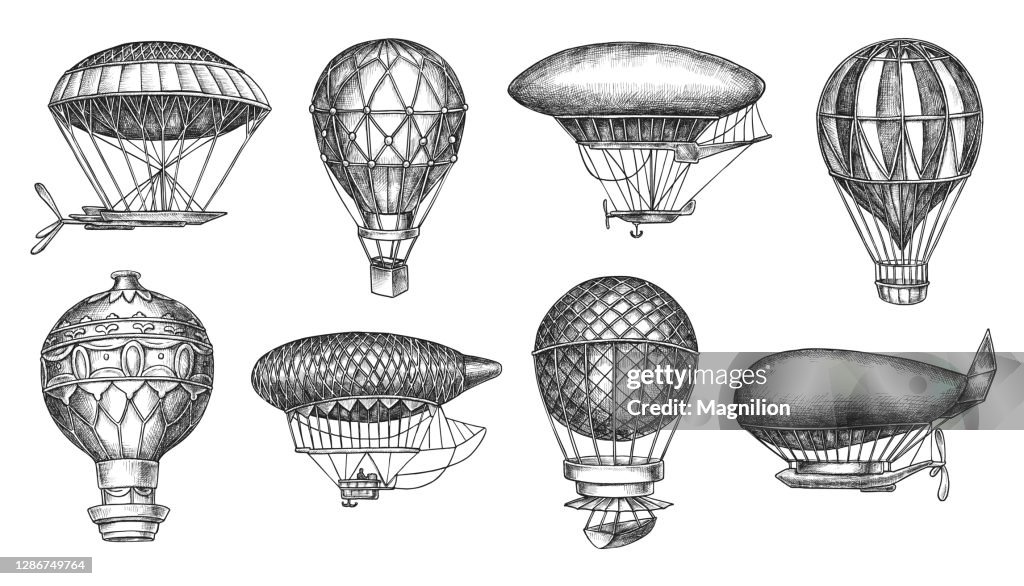 Retro Hot Air Balloon Aerostat e Disegno a mano libera Blimp