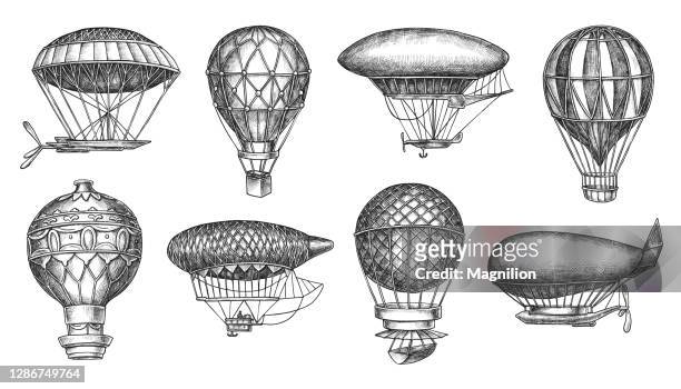 illustrazioni stock, clip art, cartoni animati e icone di tendenza di retro hot air balloon aerostat e disegno a mano libera blimp - vecchio stile