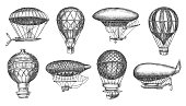 Retro Hot Air Balloon Aerostat and Blimp Freehand Drawing