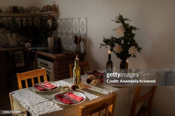 beautiful table setting for christmas dinner. - serving dish stock pictures, royalty-free photos & images