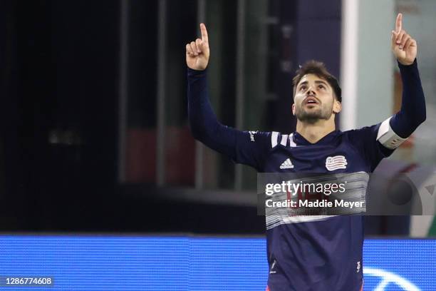 Carles Gil of New England Revolution celebrates after scoring a goal against the Montreal Impact during the Play-In Round match of the MLS Cup...