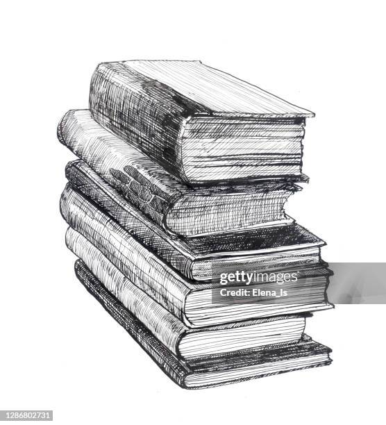 ink, pen. sketch - a stack of old books - library old books stock illustrations