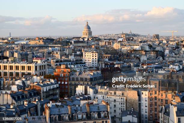 Aerial view on rooftops of Paris and Pantheon on November 12, 2020 in Paris, France.